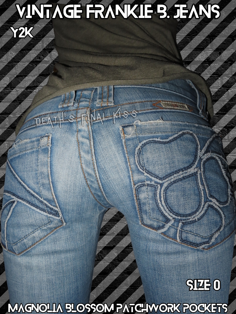 HTF Y2K Frankie B Magnolia Blossom Denim Patchwork Pocket Ultra Low Rise Jeans 0